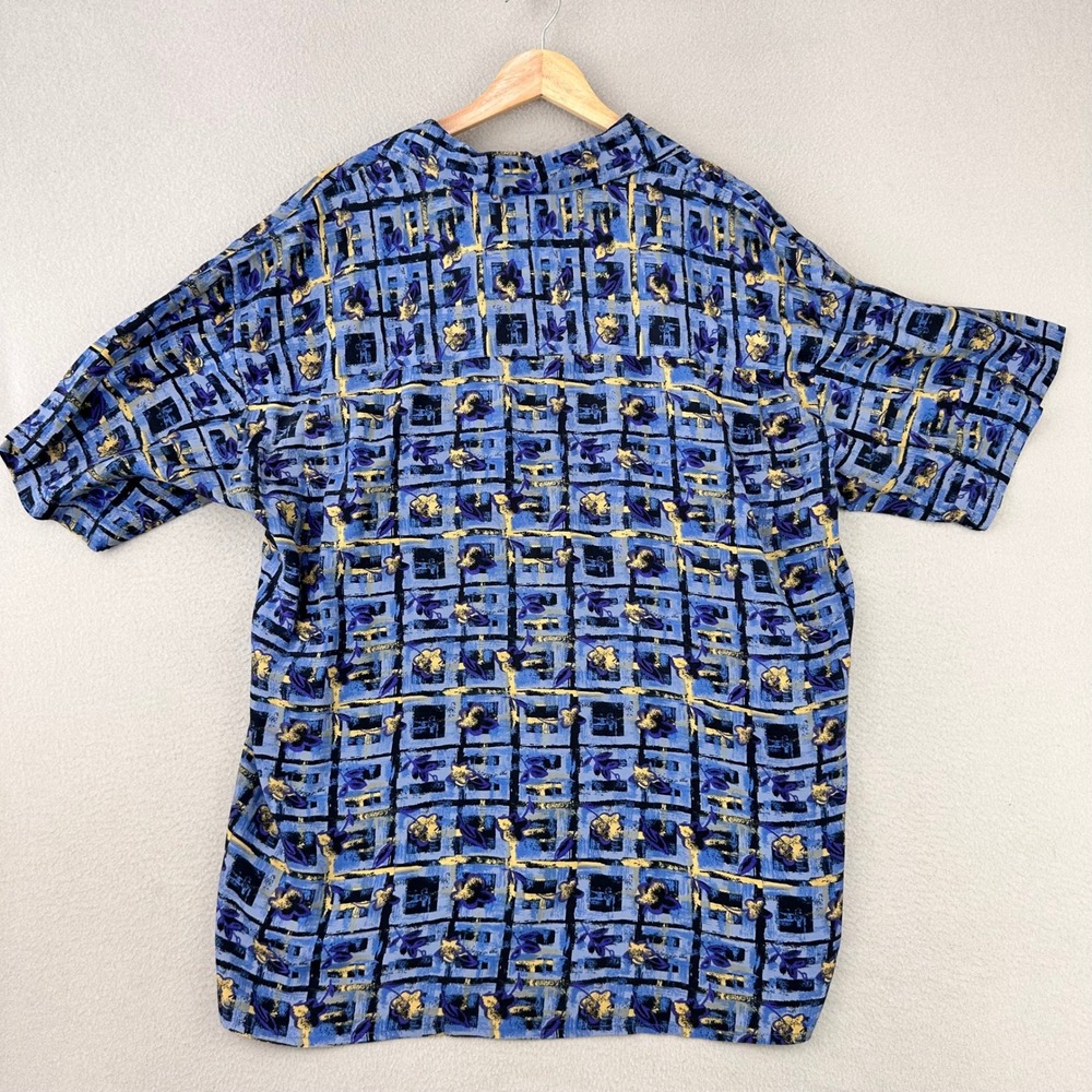 Vintage Camp Shirt Mens Medium Blue Abstract Print Rayon 80s Direction Vacation - Picture 3 of 9